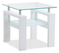 Table de bout moderne Harvy de 23,25 po avec dessus en verre et tablette - blanche