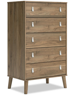 Commode verticale moderne du milieu du 20e siècle Mavi de 29 po (L) x 50,7 po (H) à 5 tiroirs pour la chambre à coucher - brun miel