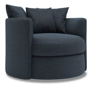 Fauteuil d’appoint pivotant Nest de Sofa Lab personnalisable de 41 po fabriqué au Canada en tissu d’apparence lin bleu Luna Sailor