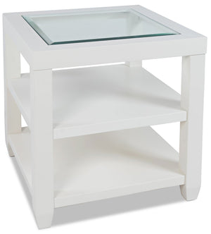 Table de bout moderne Corey de 24 po avec dessus en verre et tablette - bois blanc