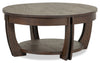 Table à café ronde traditionnelle Lyndale de 38 po avec dessus relevable, rangement et tablette - pin brun