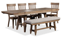  Ensemble de salle à manger Cedar 6 pièces en pin avec table de 72,07 po (L), base à tréteaux, banc et 4 chaises - brun