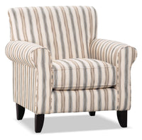  Fauteuil d’appoint Wynn de 36 po fabriqué au Canada en tissu d’apparence lin à rayures multicolores avec accoudoirs enroulés et pattes en bois