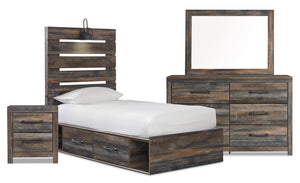 Ensemble de chambre à coucher Abby 6 pièces avec lit de rangement latéral, commode, miroir, table de nuit, lumière DEL et port USB, brun - format lit simple