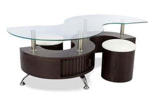 Ensemble 3 articles modernes en forme de S Savon de 52,5 po (table à café et 2 poufs) avec rangement et tablette - bois noyer foncé et chrome 