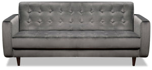 Sofa Devlin de 76,4 po de format condo en tissu de velours gris foncé avec coussins capitonnés et pattes en bois