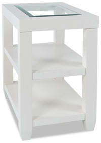 Table de fauteuil moderne Corey de 16 po avec dessus en verre et tablette - bois blanc