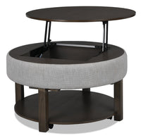 Table à café ronde rustique Elroy de 33 po avec dessus relevable, rangement, tablette et roulettes - brune et grise avec bordure en tissu