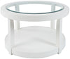 Table à café ronde moderne Corey de 34 po avec dessus en verre, tablette et roulettes - bois blanc