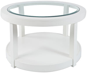 Table à café ronde moderne Corey de 34 po avec dessus en verre, tablette et roulettes - bois blanc