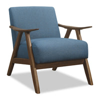  Fauteuil d’appoint Kyra de 28,5 po en tissu d’apparence lin bleu avec accoudoirs courbés et armature en bois