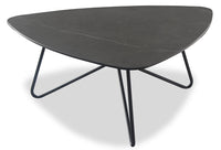 Table à café triangulaire moderne Hamilton de 37,99 po - dessus en imitation de marbre gris avec pattes en métal noir