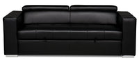  Sofa-lit Drake de 87 po en tissu d’apparence cuir noir avec lit rétractable, appuie-têtes relevables et capitonnage à boutons