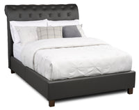  Lit plateforme rembourré Tulsa en tissu de cuir végétalien gris avec capitonnage à boutons - format lit double