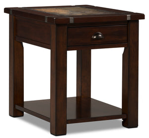 Table de bout rustique Roanoke de 22 po avec rangement et tablette - bois cerisier foncé et incrustation d’ardoise