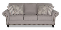  Sofa Wynn de 93 po fabriqué au Canada en tissu de chenille grise avec accoudoirs enroulés, clous décoratifs et pattes en oignon en bois