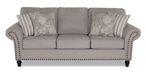 Sofa Wynn de 93 po fabriqué au Canada en tissu de chenille grise avec accoudoirs enroulés, clous décoratifs et pattes en oignon en bois